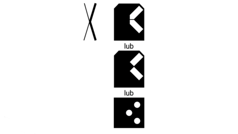 Rysunek przedstawia wskaźnik wu zet osiem - jazda po łuku w prawo. Znajdują się tu dwa rysunki. Rysunek pierwszy to dwie linie przecinające się, przypominające X. Prawe górne i prawe dolne ramię są grubsze, lewe cieńsze. Rysunek drugi przedstawia trzy symbole jeden pod drugim. Symbol będący czarnym prostokątem z obciętymi górnymi rogami. Wewnątrz znajdują się dwa ukośne prostokąty, które mają ścięte rogi i są ustawione ukośnie po prawej stronie w taki sposób, że tworzą wspólnie prawą część litery X. Poniżej napis lub. Poniżej analogiczny rysunek. Wewnątrz oznaczenia znajdują się dwa rozłączne białe prostokąty układające się w prawą część literę X. Poniżej napis lub. Poniżej czarny kwadrat z trzema białymi kropkam ułożonymi jedna w prawym górnym rogu, druga w środku, trzecia w dolnym prawym rogu.