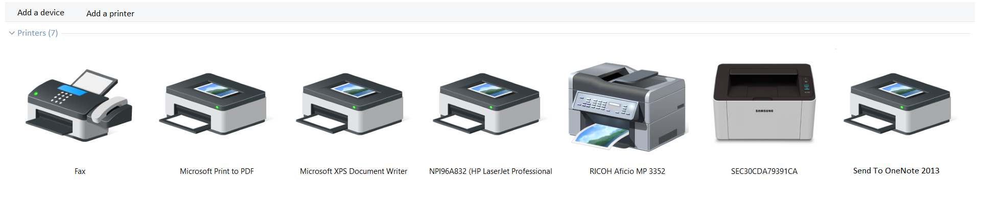 Widok drukarek w systemie Windows. Na górze dwa przyciski Add device oraz Add printer. Poniżej widocznych jest kilka ikon obrazujących drukarki (liczba ikon jest zależna o liczby zainstalowanych drukarek w systemie). 