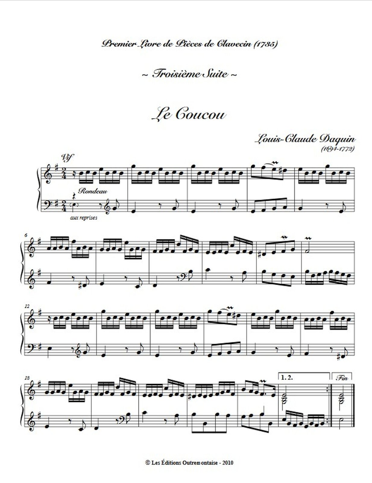 Zdjęcie przedstawia graficzny utwór muzyczny. Fotografia ukazuje czarną pięciolinię z nutami, na białej stronie utworu Louis‑Claude Daquin – „Kukułka”.