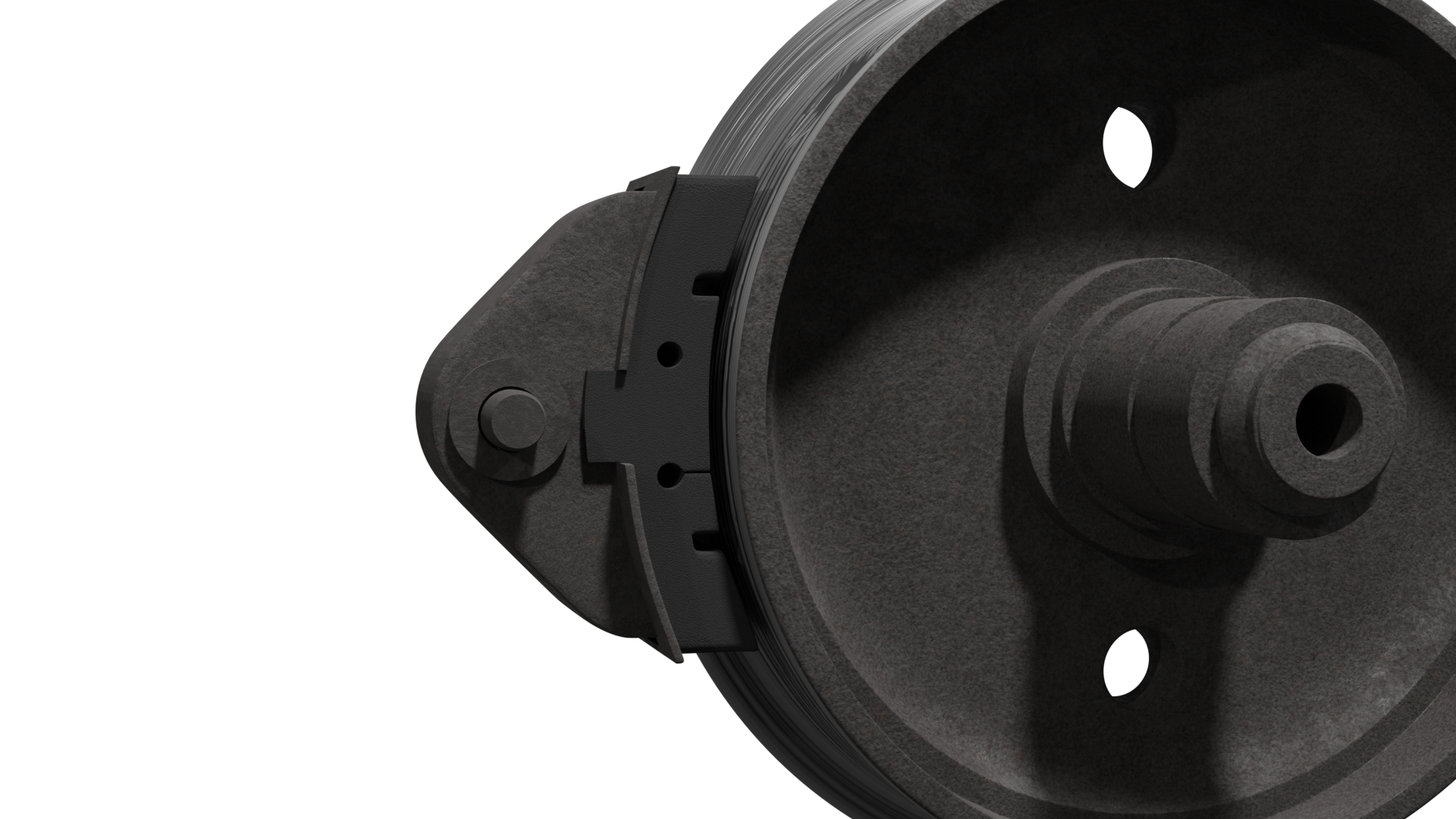 Ilustracja przedstawia pęknięcie promieniowe żeliwnej wstawki hamulcowej. Objawia się to widocznym pęknięciem klocka hamulcowego, który dociska koło, powodując jego hamowanie.