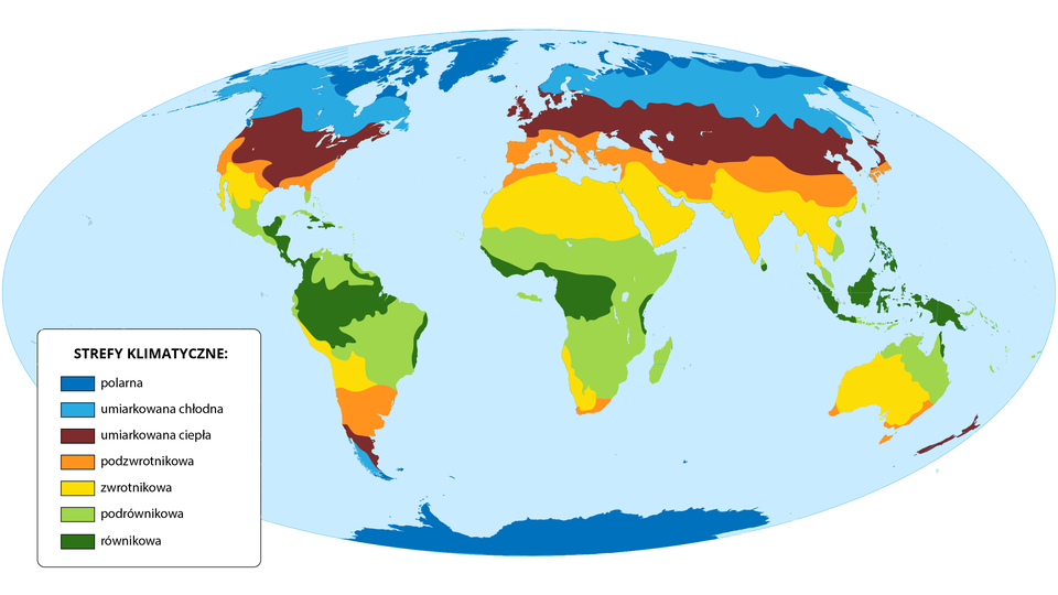 Na mapie świata zaznaczono strefy klimatyczne. Strefa polarna to teren Antarktydy, Arktyki, Grenlandii, północnych krańców Kanady i Rosji.  Strefa umiarkowana chłodna zajmuje pozostałe obszary kanady, niemal całą Skandynawię (oprócz Danii i południowych krańców Norwegii i Szwecji), większą część Rosji, a także południowy kraniec Ameryki Południowej.  Strefa umiarkowana ciepła to tereny większości Stanów Zjednoczonych, Nowej Zelandii i fragmentu południowej Argentyny,  szeroki pas obejmujący północną japonię, półwysep koreański, część Chin, Kazachstan i inne republiki centralnej Azji, Europę bez części północnej i południowej. Strefa podzwrotnikowa obejmuje niektóre fragment Stanów Zjednoczonych i Argentyny, Europę Południową, Maroko, Tunezję, Algierię, Turcję, Syrię, Liban, Irak, Chiny Środkowe i południową Japonię. Strefa zwrotnikowa to południe Stanów Zjednoczonych (z Kalifornią), Afryka saharyjska, Półwysep Arabski, subkontynent indyjski, Półwysep Indochiński, większość Australii, fragment Afryki z Namibią i RPA, północną Argentynę, Chile i Boliwię. Strefa podrównikowa to obszary meksyku i części Ameryki Środkowej i Południowej (z Brazylią i Kolumbią), północno‑wschodnia Australia, Tajwan, Kambodża, większość Afryki subsaharyjskiej, oprócz obszarów okolic Wybrzeża Kości Słoniowej i  Konga. Strefa równikowa obejmuje Amerykę Środkową z Jukatanem, Amerykę Południową w części Wenezueli, Amazonii, w Afryce Wybrzeże Kości Słoniowej i Kongo, Indonezja, Filipiny, Papua Nowa Gwinea.