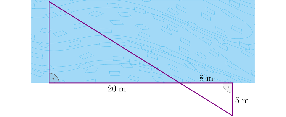 Ilustracja schemat. Rzeka jest w postaci prostokąta. Na rzekę naniesiono następujące odcinki: z lewej znajduje się pionowy odcinek A B, który jest równy szerokości rzeki. Punkt A znajduje się nad punktem B. Z prawej strony znajduje się drugi pionowy odcinek C D o długości 5 metrów. Odcinek jest krótszy od odcinka A B oraz punkt C leży nad D. Poprowadzono również dwa odcinki łączące końce pionowych odcinków, czyli ukośny A D oraz poziomy BC  poprowadzono wzdłuż brzegu rzeki. Odcinki A D i B C przecinają się w punkcie O, który dzieli odcinek B C na odcinki: B O o długości 20 m oraz O B o długości 8 metrów.