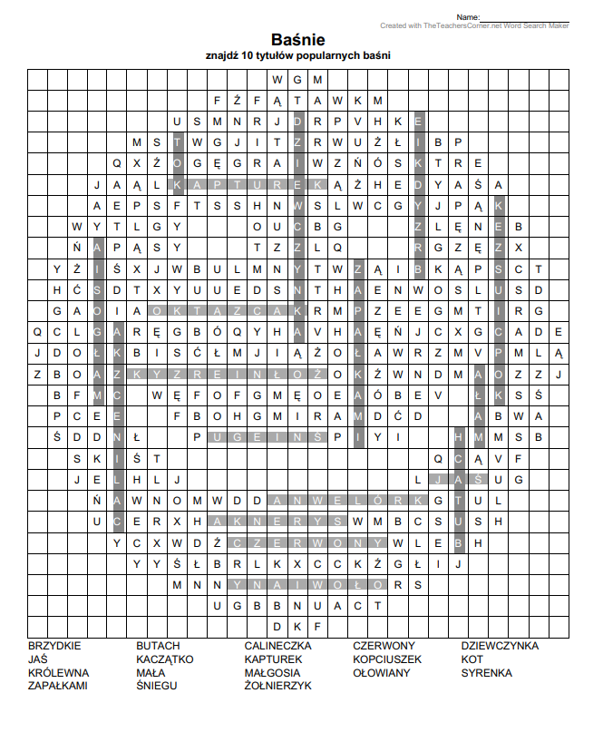 Czarno‑biały zrzut ekranu z aplikacji do tworzenia wykreślanek. Prawie całą przestrzeń zajmuje siatka podzielona na takiej samej wielkości kwadraty. W niektórych kratkach wpisano litery, tworzą one wzór uśmiechniętej buzi. W kratkach szarym kolorem zaznaczono prawidłowo oznaczone wyrazy, które należało wyszukać. Nad wykreślanką napis: Baśnie, znajdź 10 popularnych baśni. Pod nią w pięciu kolumnach wyrazy z tytułów baśni: w pierwszej kolumnie: brzydkie, Jaś, królewna, zapałkami; w drugiej: butach, kaczątko, mała, śniegu, w trzeciej: Calineczka, kapturek, Małgosia, żołnierzyk, w czwartek: czerwony, kopciuszek, ołowiany, w piątej: dziewczynka, kot, syrenka.