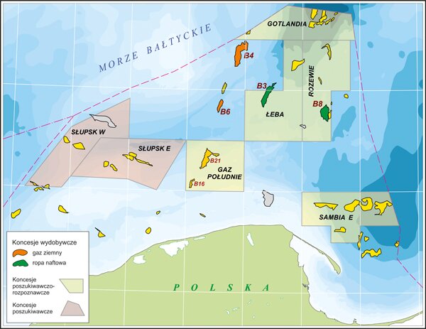 Na mapie północnej Polski zaznaczono rozmieszczenie złóż ropy naftowej i gazu ziemnego w polskiej części Morza Bałtyckiego. Ropa naftowa i gaz ziemny występują wzdłuż południowo‑wschodnich wybrzeży Bałtyku. Zaznaczono koncesje wydobywcze gazu ziemnego - na południowy zachód od Gotlandii, ropy naftowej -  na północ od Łeby i na północ od Rozewia. Zaznaczono na mapie także koncesje poszukiwawczo‑rozpoznawcze  oznaczone jako gaz południe, Łeba. Rozewie, Gotlandia, Sambia E oraz poszukiwawcze - Słupsk E, Słupsk W.   