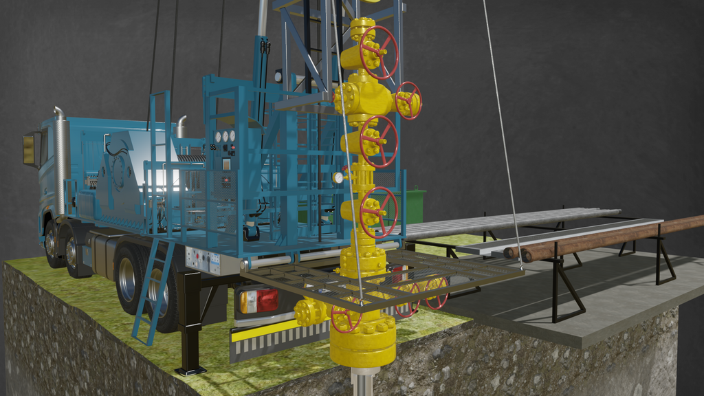 Na zdjęciu widoczny jest podest roboczy widziany z boku. Podest wraz z barierkami zabezpieczającymi jest w kolorze niebieskim. Podest znajduje się na podwoziu ciężarówki. Z przodu podestu wychodzi stalowa konstrukcja przypominająca drabinę. Poniżej podestu znajduje się żółta głowica zamykająca otwór wiertniczy.. Głowica przechodzi przez otwór w stalowym opuszczanym elemencie stanowiącym przedłużenie podestu. Po prawej stronie widać stelaż ze znajdującymi się na nim rurami. Boczne barierki zabezpieczające przypominają drabiny.Na zdjęciu widoczny jest podest roboczy widziany z boku. Podest wraz z barierkami zabezpieczającymi jest w kolorze niebieskim. Podest znajduje się na podwoziu ciężarówki. Z przodu podestu wychodzi stalowa konstrukcja przypominająca drabinę. Poniżej podestu znajduje się żółta głowica zamykająca otwór wiertniczy.. Głowica przechodzi przez otwór w stalowym opuszczanym elemencie stanowiącym przedłużenie podestu. Po prawej stronie widać stelaż ze znajdującymi się na nim rurami. Boczne barierki zabezpieczające przypominają drabiny.