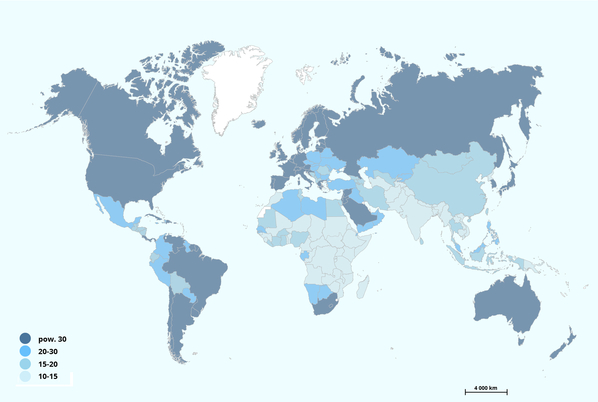 Mapa świata przedstawia zatrudnienie w usługach. Powyżej 30% wystąpiło w USA, Kanadzie, Brazylii, Wenezueli, Chile, Argentynie, RPA, Arabii Saudyjskiej, zachodniej Europie, krajach skandynawskich, Grecji, Rosji, Japonii, Australii, Nowej Zelandii. Od 20 do 30% wystąpiło w Meksyku, Kolumbii, Peru, Namibii, Botswanie, Libii, Algierii, Jemenie, Omanie, Turcji, Iraku, Kazachstanie, Polsce, Czechach, na Słowacji, Węgrzech, Ukrainie, Białorusi, na Bałkanach. Od 15 do 20% wystąpiło w Boliwii, w Ameryce Środkowej, Mali, Nigerii, Egipcie, w Rumunii, Iranie, Mongolii, Chinach, Indonezji. Od 10 do 15% wystąpiło w środkowej Afryce, na Madagaskarze, Pakistanie, Afganistanie, Indiach, Birmie, Papui Nowej Gwinei.
