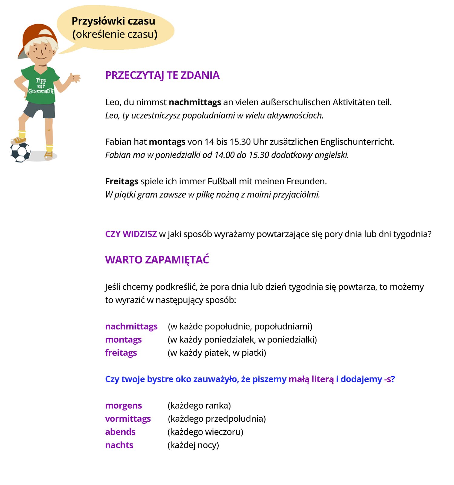 Infografika dotyczy odmiany przysłówków czasu. Po lewej stronie znajduje się chłopiec, nad którym jest dymek wypowiedzi z napisem: Przysłówki czasu (określenie czasu). Chłopiec ubrany jest w spodenki i koszulkę, na której jest napis: Tipp zur Grammatik. W dalszej części infografiki jest zapisany tekst. Przeczytaj te zdania Leo, du nimmst nachmittags an vielen außerschulischen Aktivitäten teil. Leo, ty uczestniczysz popołudniami w wielu aktywnościach. Fabian hat montags von 14 bis 15.30 Uhr zusätzlichen Englischunterricht.  Fabian ma w poniedziałki od 14.00 do 15.30 dodatkowy angielski. Freitags spiele ich immer Fußball mit meinen Freunden. W piątki gram zawsze w piłkę nożną z moimi przyjaciółmi. Czy widzisz, w jaki sposób wyrażamy powtarzające się pory dnia lub dni tygodnia? Warto zapamiętać! Jeśli chcemy podkreślić, że pora dnia lub dzień tygodnia się powtarza, to możemy to wyrazić w następujący sposób: nachmittags (w każde popołudnie, popołudniami), montags (w każdy poniedziałek, w poniedziałki), freitags (w każdy piątek, w piątki). Czy twoje bystre oko zauważyło, że piszemy małą literą i dodajemy -s? morgens (każdego ranka), vormittags (każdego przedpołudnia), abends(każdego wieczoru), nachts (każdej nocy).