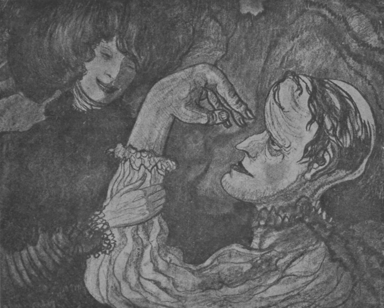 Obraz przedstawia kobietę i mężczyznę. Kobieta obejmuje rękę mężczyzny. Mężczyzna ma zniekształcone, wydatne czoło, orli nos oraz nienaturalnie wielką rękę. Spogląda na kobietę.