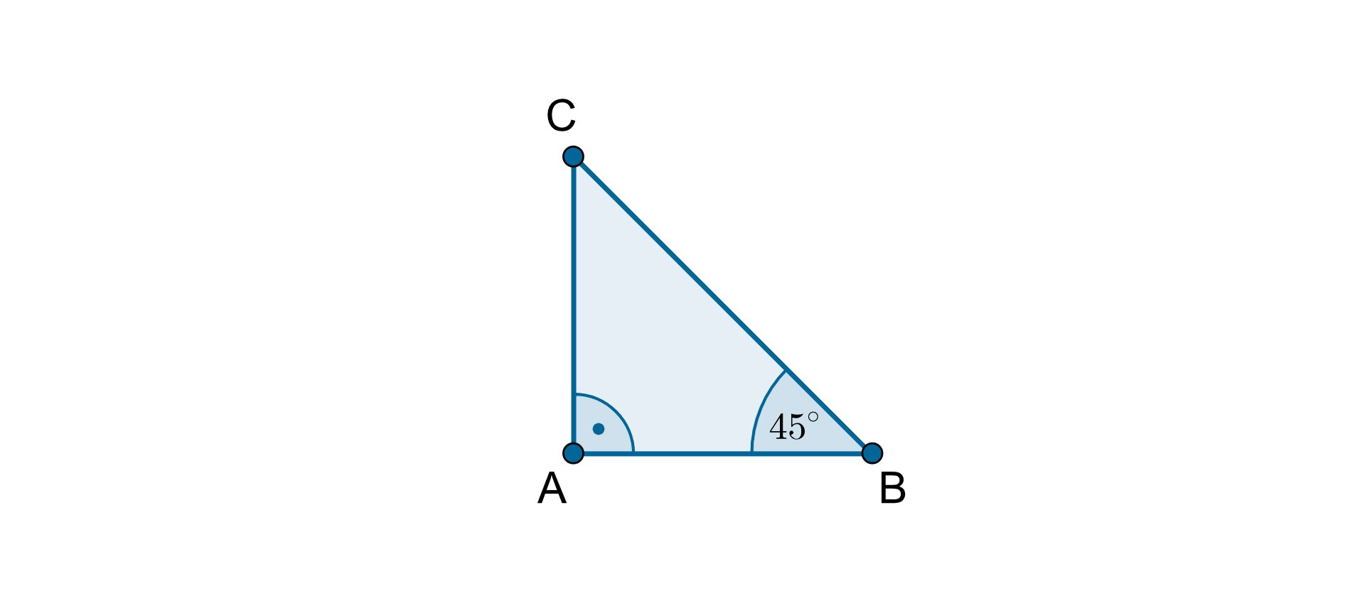 Ilustracja przedstawia trójkąt prostokątny A B C, w którym kąt prosty znajduje się przy wierzchołku A. Boki A B i A C są przyprostokątnymi, a bok B C jest przeciwprostokątną tego trójkąta. Kąt A B C ma miarę 45 stopni.