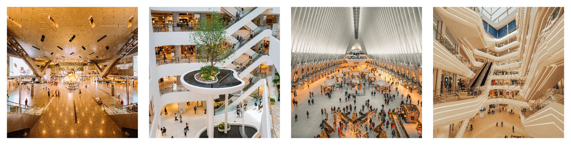Ilustracja składa się z czterech zdjęć prezentujących różne wnętrza nowoczesnych galerii handlowych. Wszystkie pomieszczenia są bardzo wysokie, wielopoziomowe, oświetlone dużą ilością światła i dekorowane ciekawymi detalami architektonicznymi. Widoczne są ciągi komunikacyjne, różne warianty schodów ruchomych, windy, pasaże handlowe z witrynami sklepowymi.