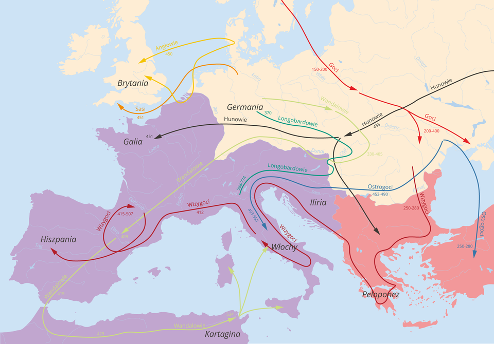Mapa Europy przedstawia wędrówki ludów od I do V wieku. Anglowie przemieszczali się ze środkowej Brytanii do Danii i z powrotem w 450 roku. Sasi przemieszczali się z północnej Germanii (obecne Niemvydo południowej Brytanii w 451 roku. Goci w okolicach 150‑200 roku dotarli do dzisiejszej południowo wschodniej Polski. W latach 200‑400 przemieszczali się dalej na południowy wschód. Hunowie przemieszczali się z Azji oraz wschodniej Europy w stronę centralnej Europy w roku 433. Dotarli w 451 roku do Galii (obecna północna Francja) oraz do środkowej Grecji. Wandalowie z Germanii przemieszczaqli się przez środkową Europę w latach 330‑405.  W roku 409 roku dotarli do północno wschodniej Hiszpanii, w 419 roku do cieśniny gibraltarskiej. W 429 roku przemieszczali się na północy Afryki, w 534 roku dotarli do Kartaginy. Longobardowie od 370 roku przemieszczali się ze środkowej Germanii przez środkową Europę do północnych Włoch gdzie dotarli w latach 568‑774. Ostrogoci ze wschodniej Europy dotarli do Turcji w latach 250‑280. Przemieszczali się też przez północną Grecję w latach 453‑490 i dotarłi do środkowych Włoch w latach 493‑555. Wizygoci z północnej Grecji w latach 250280 zaczęli przemieszczać się na południe Grecji, ruszyli dalej na zachód, dotarli najpierw do północnych Włoch, potem do południowych i wrócili na północne Włochy. W 412 roku przemieszczali się przez południową Francję. W latach 415‑507 dotarli do północno wschodniej Hiszpanii a potem do środkowej Hiszpanii.