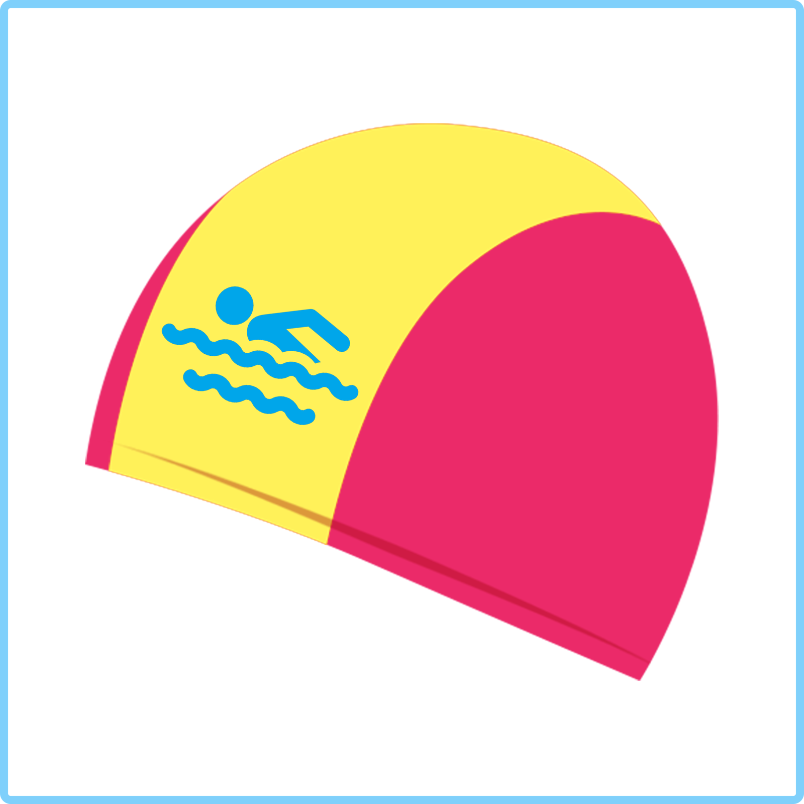 Ilustracja przedstawia kolorowy czepek do pływania. Z przodu widoczny jest rysunek pływaka.