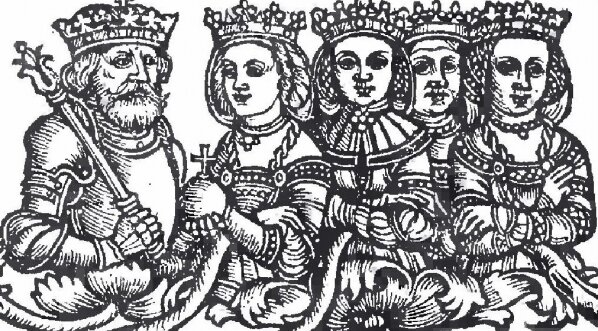 Ilustracja przedstawia starszego mężczyznę z brodą i wąsami oraz cztery kobiety w różnym wieku. Mężczyzna stoi pierwszy od lewej strony i zwrócony jest prawym półprofilem w w kierunku niewiast.  Panie natomiast stoją jedna obok drugiej, w większości mają twarze zwrócone do widza. Wszystkie postacie mają na głowach korony, mężczyzna trzyma także w prawym ręku berło, w lewym jabłko z krzyżem. Wszystkie kobiety mają tak samo zebrane na bokach włosy, ubrane są w podobne, bogato zdobione suknie. Wyróżnia się z nich jednie pierwsza od lewej, najmłodsza, stojąca najbliżej męża, ponieważ trzyma w dłoniach jabłko atrybut władzy królewskiej.