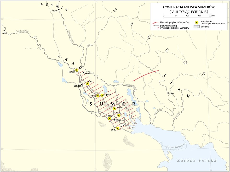 Mapa przedstawia zasięg cywilizacji miejskiej Sumerów w IV–III tysiącleciu p.n.e. Obejmuje południową Mezopotamię, położoną między rzekami Tygrys i Eufrat, w rejonie Zatoki Perskiej. Na mapie zaznaczono najważniejsze miasta‑państwa Sumeru, m.in. Ur, Uruk, Eridu, Lagasz, Umma, Nippur, Adab i Kisz. Żółte punkty oznaczają główne ośrodki miejskie. Czerwone strzałki pokazują kierunek przybycia Sumerów, a zakreskowany obszar wskazuje pierwotny zasięg ich cywilizacji miejskiej. Wokół Sumeru znajdują się krainy historyczne: Akad na północy, Elam na wschodzie oraz Asyria dalej na północ. Widoczne są także rzeki, jeziora i współczesna linia brzegowa Zatoki Perskiej. Skala mapy sięga 200 km.