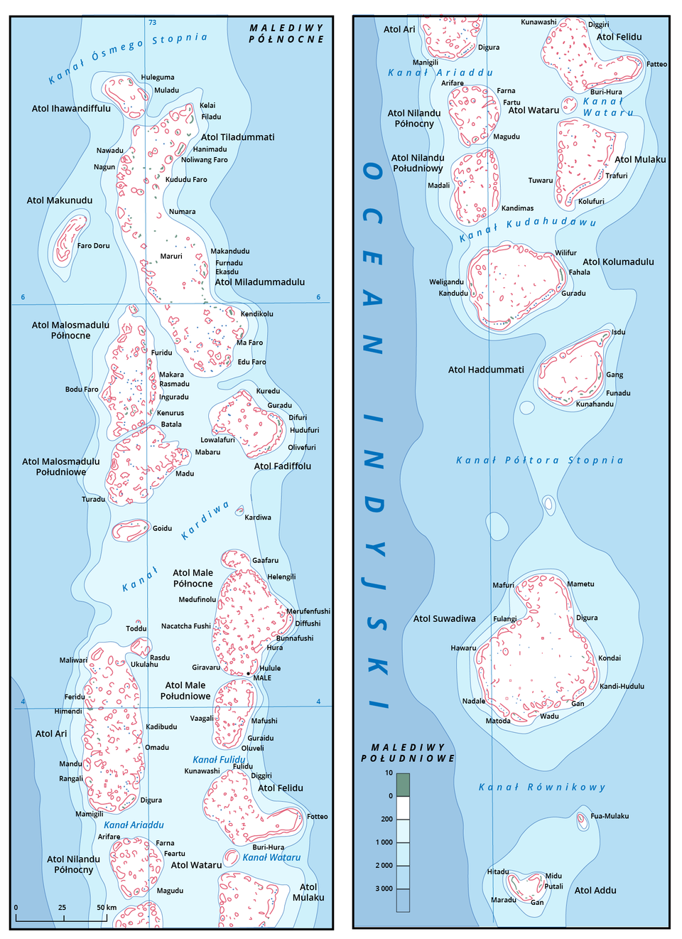 Na dwóch pionowych mapach ułożonych obok siebie przedstawiono Malediwy Północne i Południowe na Oceanie Indyjskim. Składają się z licznych mniejszych i większych wysp osadzonych na atolach koralowych. Wyspy są podłużne, owalne, zbliżone do kształtu koła. Na mapie zaznaczono kanały. Na Malediwach Północnych są następujące kanały: Ósmego Stopnia, Kardiwa, Fulidu, Ariaddu, Wataru. Malediwy Południowe mają następujące kanały: Ariaddu, Wataru, Kudahudawu, Półtora Stopnia i Równikowy.       