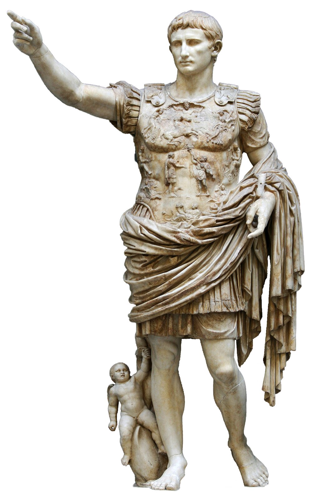 Posąg Oktawiana Augusta. Na pierwszym planie postać młodego mężczyzny z uniesioną do góry prawą dłonią, lewa zaś podtrzymuje togę. Mężczyzna odziany jest w zbroję, na której przedstawiono motywy alegoryczne. U stóp figury widoczne jest niemowlę, które przy prawej nodze mężczyzny unosi do góry swoją lewą rękę. Oktawian przedstawiony został jako zdecydowany, poważny i niewzruszony władca Rzymu.