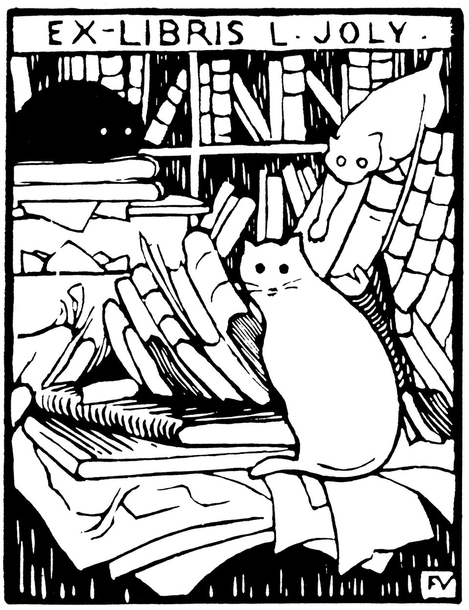 Ilustracja czarno‑biała przedstawia kącik wypełniony książkami oraz trzy koty. Na pierwszym planie, na stole pełnym rozrzuconych papierów siedzi biały kot. Za nim, na półkach stoją książki, a między między książkami czają się jeszcze dwa koty - czarny i biały. Na górze napis: Exlibris L. Joly