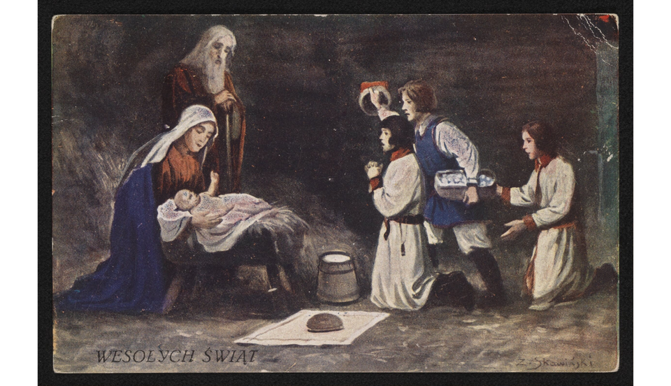 Pocztówka przedstawia Świętą Rodzinę w stajence. Maria pochyla się nad Jezusem leżącym w żłobie, za jej plecami stoi Józef. Przed Marią i Jezusem znajduje się trójka dzieci w chłopskich strojach. Dwóch chłopców klęczy, trzeci zdejmuje czapkę z głowy. Pod pachą trzyma kosz z jajkami. Przed dziećmi stoi skopek z mlekiem i chleb na białej chuście.