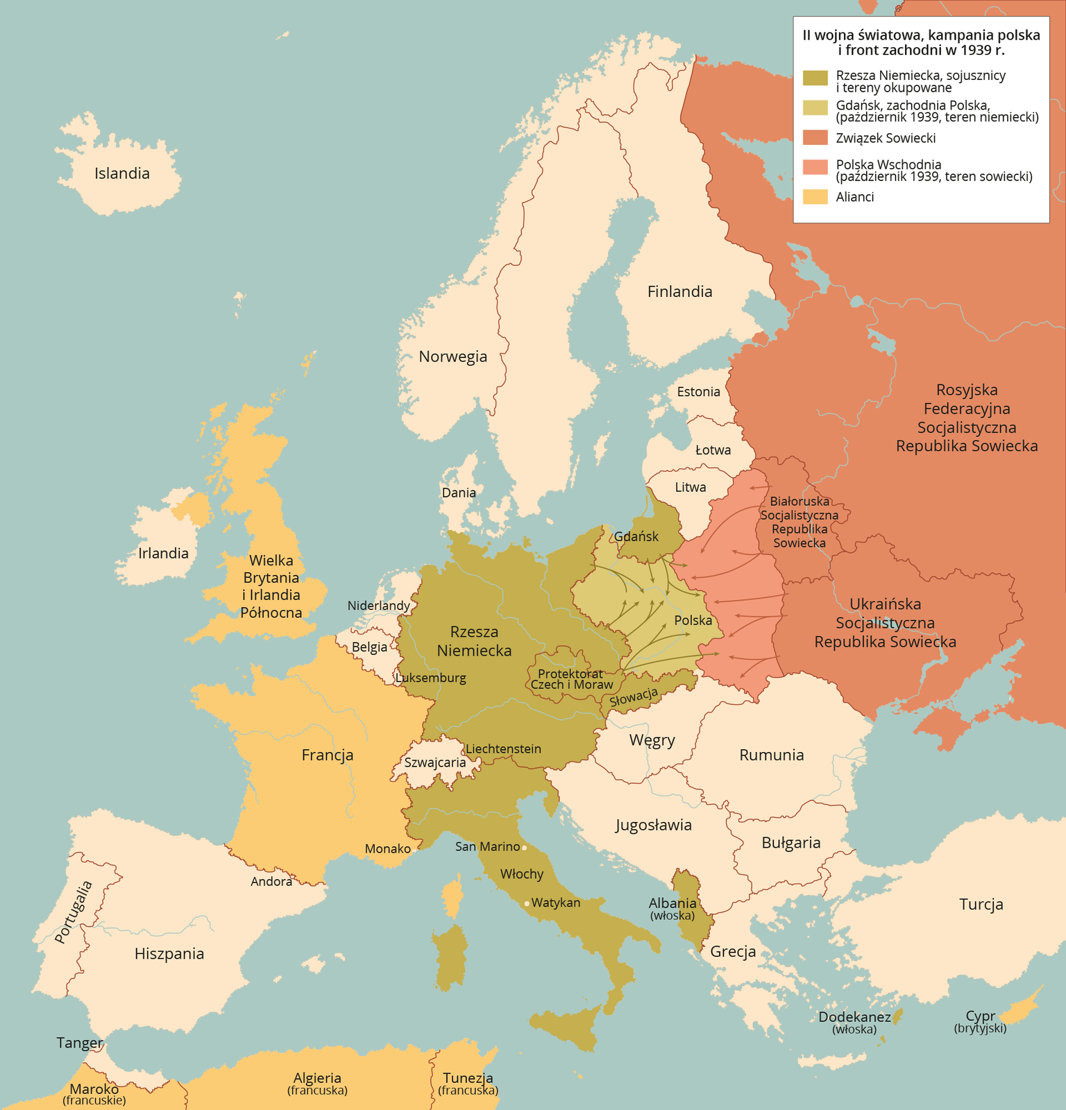 Mapa przedstawia drugą wojnę światową, kampanię polską i front zachodni w 1939 roku. Sojusznicy i tereny okupowane Rzeszy Niemieckiej to Gdańsk, Protektorat Czech i Moraw, Słowacja, Włochy, Albania. Zachodnia Polska od października 1939 roku była terenem niemieckim. Związek Sowiecki obejmował Rosyjską Federacyjną Socjalistyczną Republikę Sowiecką, Białoruską Socjalistyczną Republikę Radziecką i Ukraińską Socjalistyczną Republikę Sowiecką. Polska wschodnia od października 1939 roku była terenem sowieckim. Alianci to Wielka Brytania, Irlandia Północna, Francja, Monako, Cypr brytyjski, Maroko francuskie, Algieria francuska i Tunezja francuska.