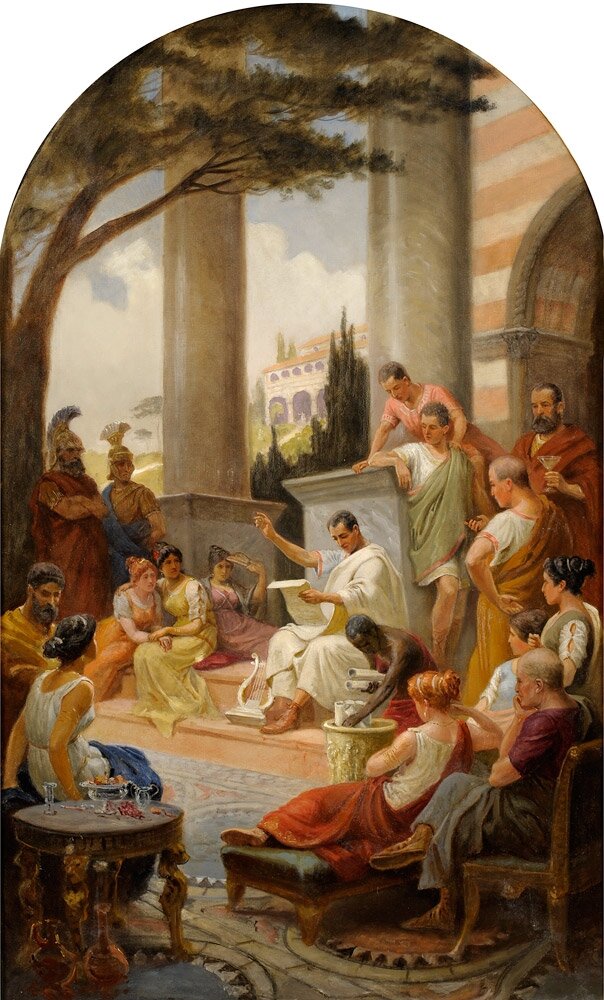 Obraz przedstawia grupę ludzi skupioną wokół poety, który czyta na głos ze zwoju trzymanego w lewej ręce, prawą rękę ma uniesioną, jakby gestykulował. Po jego lewej stronie stoi kosz, z którego ciemnoskóry mężczyzna wyciąga kolejne zwoje. Wszyscy znajdują się na zewnątrz okazałego budynku, poeta siedzi na szerokich schodach, oparty o podstawę wysokiej kamiennej kolumny. Za nim stoi czterech mężczyzn, jeden z nich trzyma kieliszek z winem, w tle fragment łukowatego wejścia do budynku. Kolejne cztery osoby siedzą na krzesłach. Z lewej strony mężczyzna i kobieta przy stoliku, drzewo, pod którym stoi dwóch żołnierzy rzymskich w hełmach z grzebieniami. U ich stóp, przy kolejnej kolumnie siedzą trzy kobiety, jedna z nich trzyma w ręce wachlarz. 