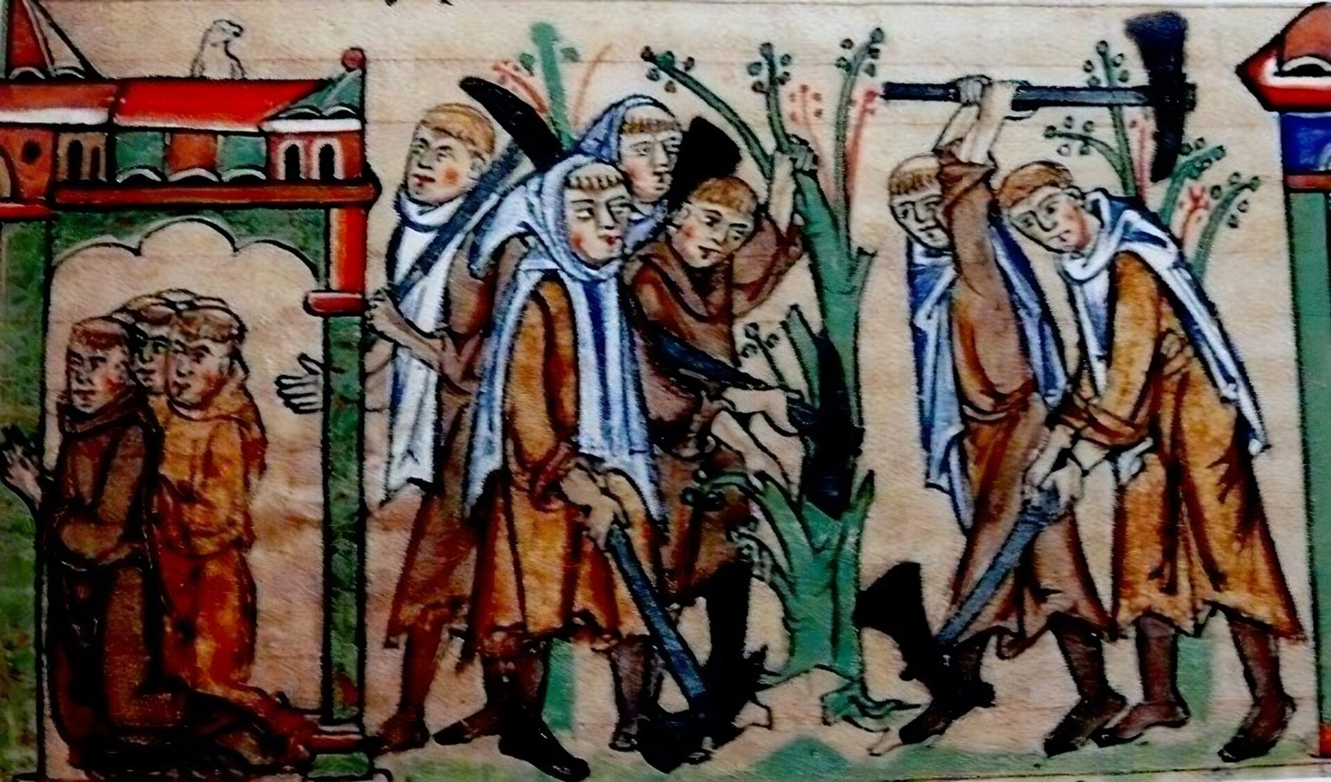 Na ilustracji po lewej stronie obrazu znajduje się grupa klęczących mnichów, którzy się modlą we wnętrzu kościoła. W centrum obrazu sześciu zakonników ścina drzewa. W ich rękach znajdują się siekiery. 