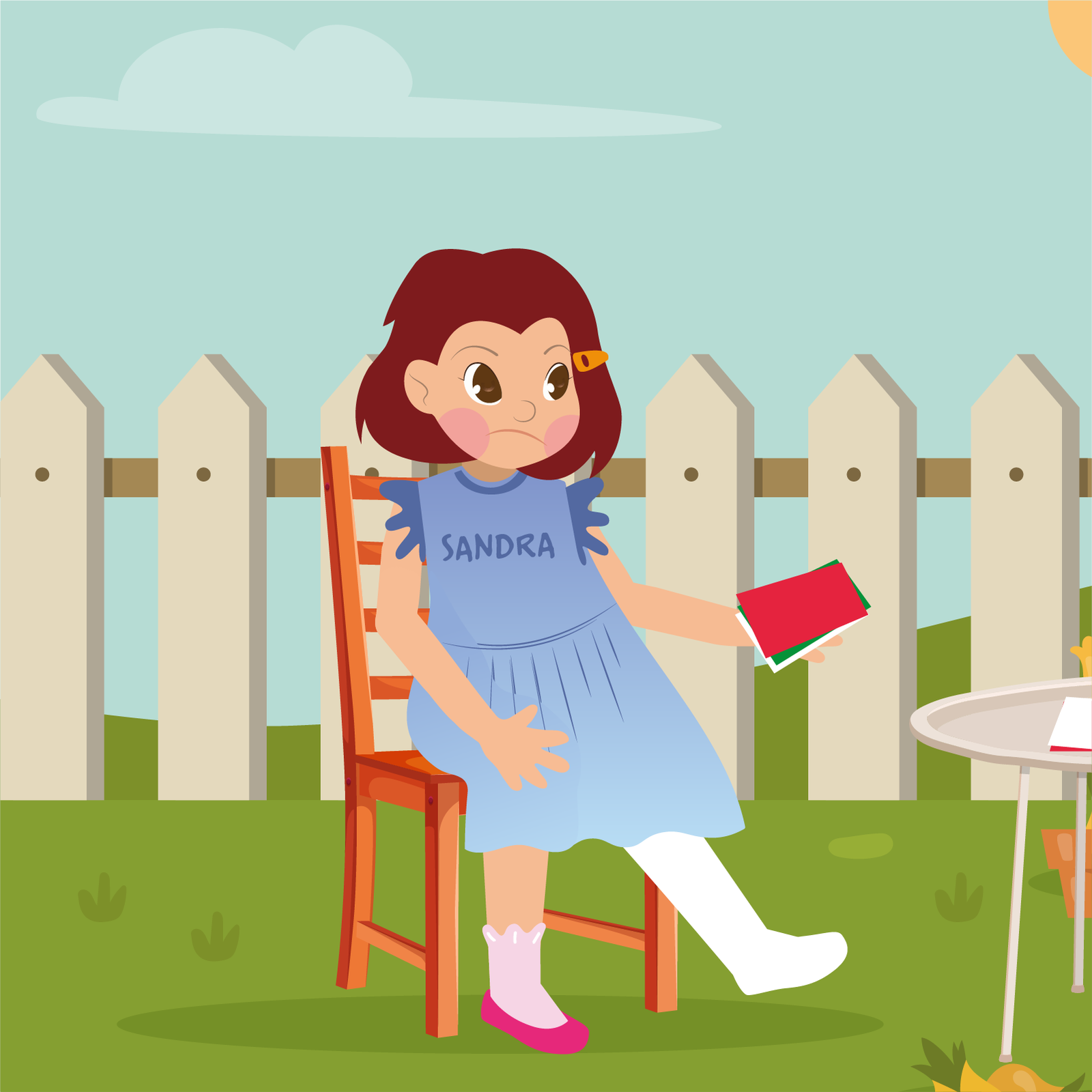 
Ilustracja przedstawia Sandrę siedzącą na krześle, z nogą w białym gipsie. W ręce trzyma kolorowe kartki. Jej mina wykazuje niezadowolenie.
