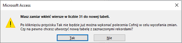 Na ilustracji ramka programu: Microsoft Access. Tu tekst: Masz zamiar wkleić wiersze w liczbie 31 do nowej tabeli. Po kliknięciu przycisku Tak nie będzie już można wykonać polecenia Cofnij w celu wycofania zmian. Czy na pewno chcesz utworzyć nową tabelę z zaznaczonymi rekordami? Zastosowano przycisk Tak. 
