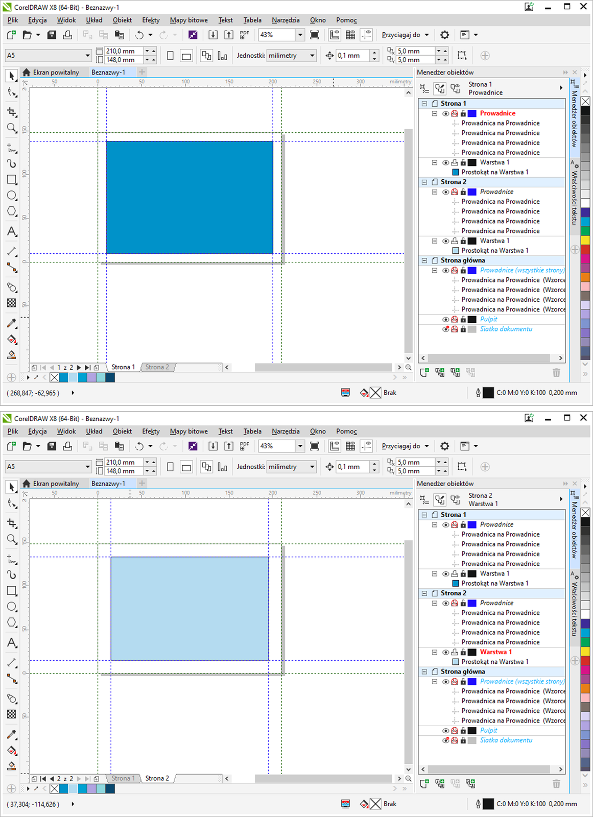 Zdjęcie przedstawia "Menedżer obiektów" po prawej stronie: okno po prawej: "Strona 1" (rozwinięte):   na czerwono "Prowadnice" (rozwinięte):     "Prowadnica na Prowadnice",     "Prowadnica na Prowadnice",     "Prowadnica na Prowadnice",     "Prowadnica na Prowadnice",   (koniec menu "Prowadnice"),   "Warstwa 1" (zwinięte),   "Prostokąt na Warstwa 1" (kolor ciemnoniebieski) (koniec menu "Strona 1") "Strona 2" (rozwinięte):   "Prowadnice" (rozwinięte):     "Prowadnica na Prowadnice",     "Prowadnica na Prowadnice",     "Prowadnica na Prowadnice",     "Prowadnica na Prowadnice",   (koniec menu "Prowadnice"),   "Warstwa 1" (zwinięte),   "Prostokąt na Warstwa 1" (kolor jasnoniebieski) (koniec menu "Strona 2") "Strona główna" (rozwinięte):   "Prowadnice (wszystkie strony)",     "Prowadnica na Prowadnice",     "Prowadnica na Prowadnice",     "Prowadnica na Prowadnice",     "Prowadnica na Prowadnice",   (koniec menu "Prowadnice"),   "Pulpit",   "Siatka dokumentu", (koniec menu "Strona główna"). Obraz w centralnej części zdjęcia:   Na białej kartce znajduje się ciemnoniebieski prostokąt. Pod tym zdjęciem ekranu, znajduje się drugie niewiele różniące się: zamiast ciemnoniebieskiego trójkąta, znajduje się tam jasnoniebieski. Na czerwono oznaczono nie "Prowadnice" w "Strona 1", a "Warstwa 1" w "Strona 2".