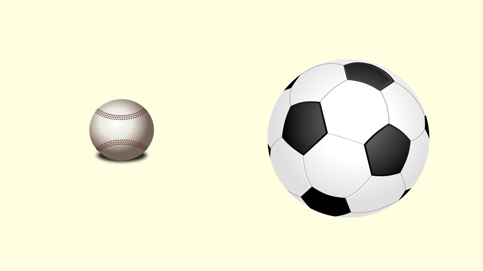 Ilustracja przedstawia dwie piłki. Piłkę do gry w baseball oraz tę do gry w piłkę nożną. Ta druga jest większa od pierwszej.