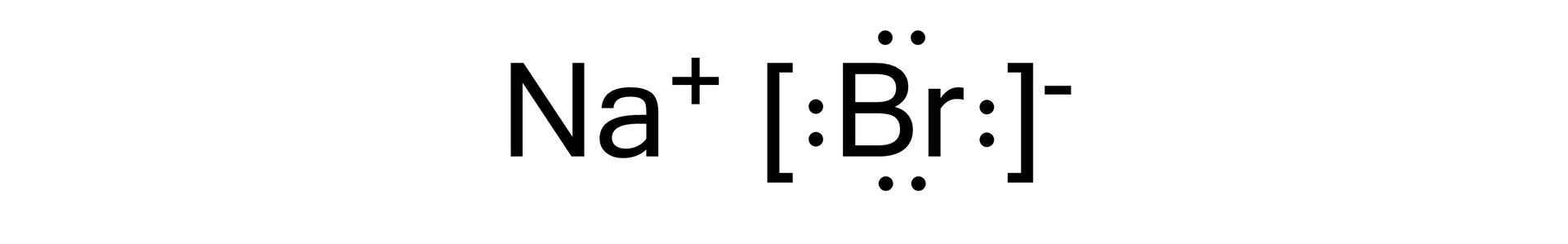 Ilustracja przedstawia wzór cząsteczki bromku sodu NaBr. Składa się on z kationu sodowego Na+ oraz anionu bromkowego przedstawionego jako symbol B r otoczony czterema wolnymi parami elektronowymi, z których każda reprezentowana jest przez dwie kropki. Całość znajduje się w nawiasie kwadratowym, względem którego w indeksie górnym znajduje się znak minus.