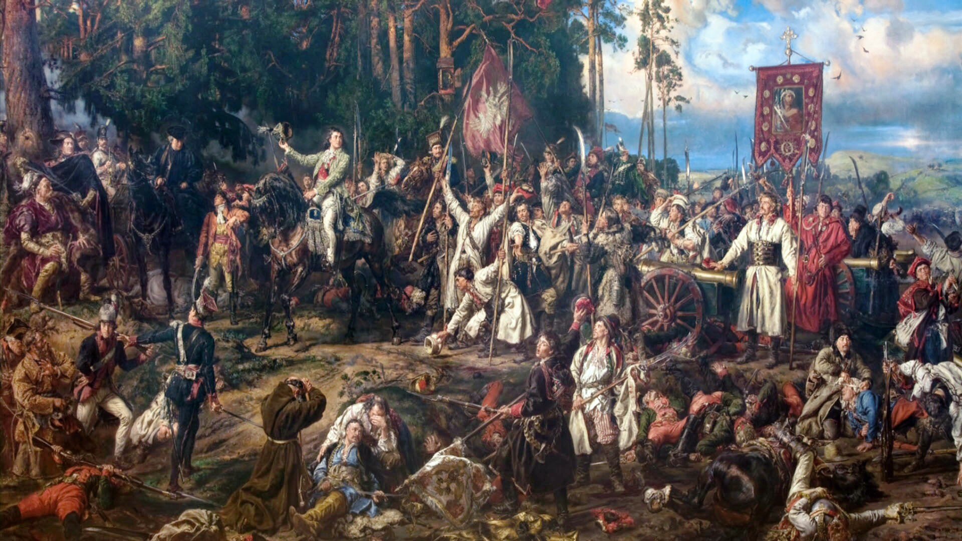 Kliknij, aby powiększyć Na obrazie widok po bitwie. Zabici i rani. Widać opłakujących mężczyzn i zakonnika modlącego się. Wokół żołnierze. Kilku na koniach . Niektórzy opierają się o armaty albo trzymają kosy. W tłumie widoczna jest flaga oraz święty narysowany na płótnie.