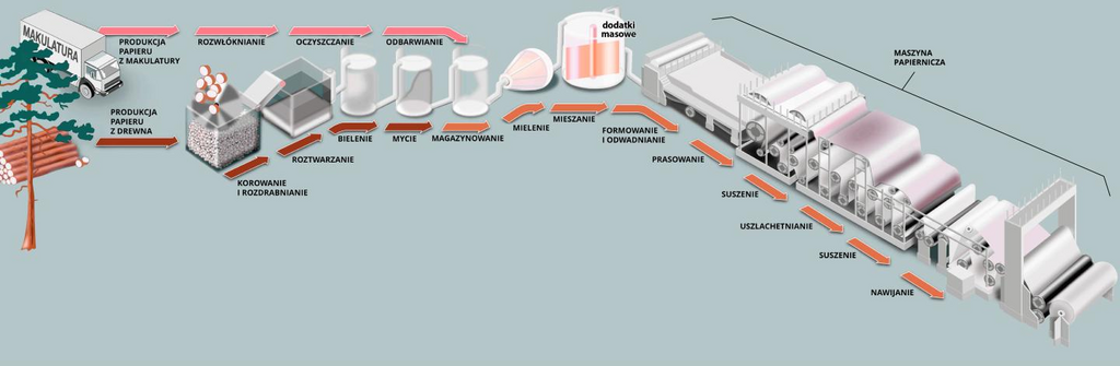 Grafika przedstawia schemat cyklu produkcji masy włóknistej i cykl produkcji papieru. Opis umieszczony pod grafiką w pełni obrazuje ilustrację.