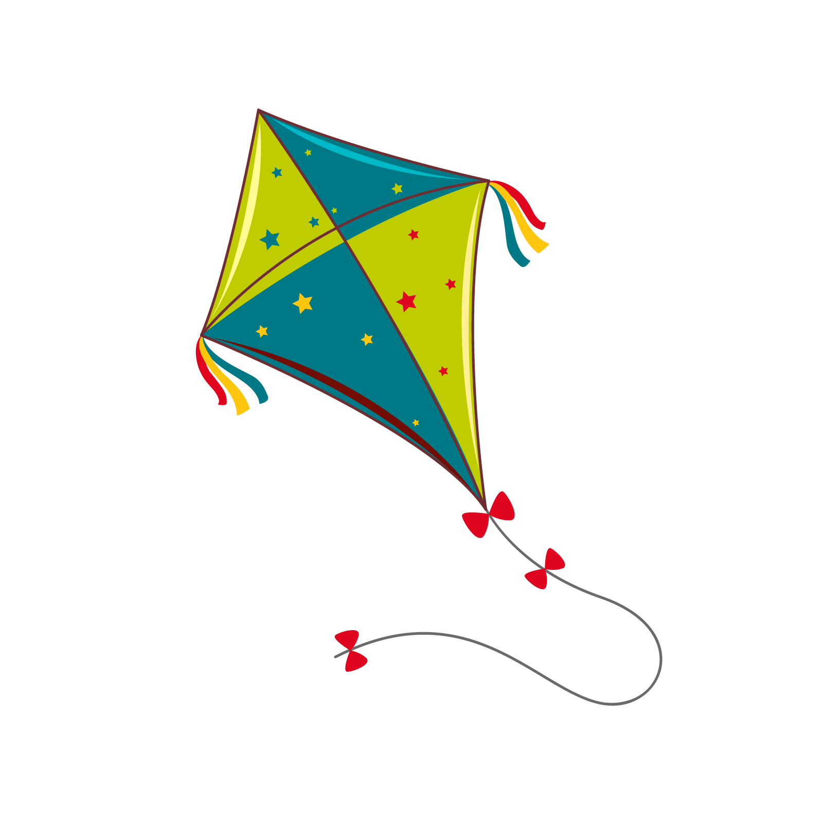Ilustracja przedstawia zielono niebieski latawiec w kolorowe gwiazdki. Latawiec ma ogon z trzema czerwonymi kokardkami. Na jego rogach powiewają kolorowe wstążki.
