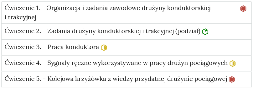 Zrzut ekranu przedstawia przykładowy wygląd zakładek z interaktywnymi materiałami sprawdzającymi. Widoczne jest sześć zakładek z ćwiczeniami, na każdej zakładce jest numer ćwiczenia i jego tytuł. Po tytule widać symbol poziomu trudności danego ćwiczenia.