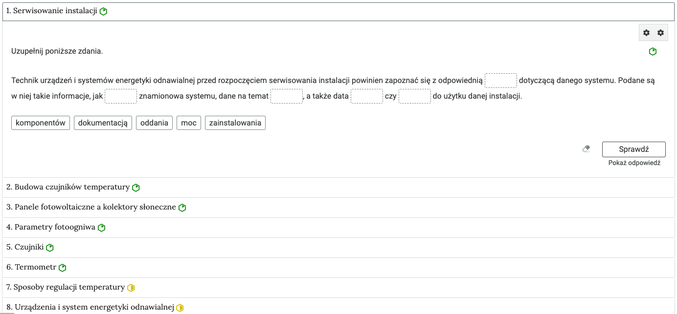 Zdjęcie przedstawia zakładki z interaktywnymi materiałami sprawdzającymi. Pierwsza zakładka od góry jest rozwinięta, widoczne jest ćwiczenie.