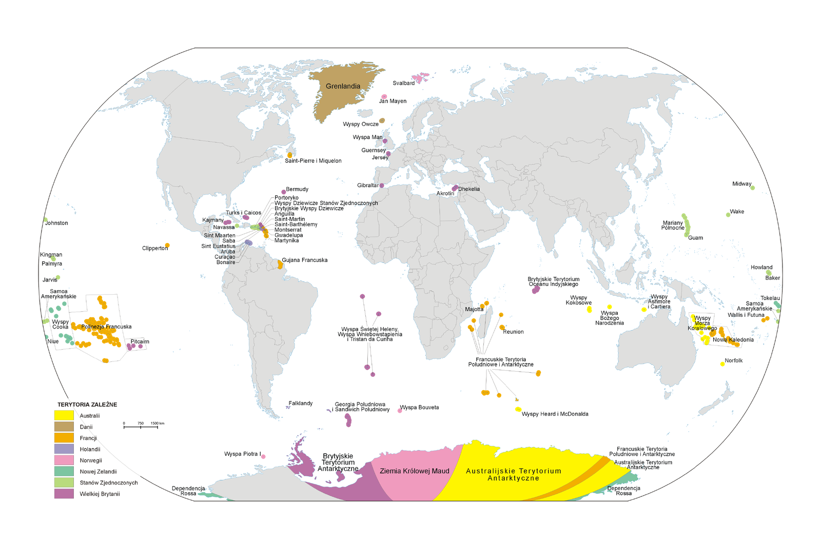Mapa świata przedstawia terytoria zależne. W większości są to niewielkie wyspy leżące na oceanach. Kolorem pomarańczowym są zaznaczone terytoria należące do Francji, m. in. - wyspy położone na Pacyfiku, takie jak Polinezja Francuska czy Nowa Kaledonia, jak również Gujana Francuska w Ameryce Południowej, terytoria znajdujące się na Karaibach, m. in. Martynika czy też wyspy na Oceanie Indyjskim: Francuskie Terytoria Południowe i Arktyczne, do których należy również niewielki pas terenu na Antarktydzie. Kolorem żółtym zaznaczono terytoria podległe Australii: Wyspa Bożego Narodzenia, Wyspy Kokosowe, Wyspy Ashmore i Cartiera, Wyspy Morza Koralowego, Nowa Kaledonia i Norfolk oraz Wyspy Heard i McDonalda, jak również spore obszary we wschodniej Antarktydzie - tzw. Australijskie Terytorium Arktyczne. Kolorem brązowym zaznaczono terytoria duńskie: Wyspy Owcze położone na Morzu Północnym oraz Grenlandia. Kolorem niebieskim zaznaczono posiadłości holenderskie. Są to głównie wyspy położone na Karaibach: Aruba, Curacao i Bonaire. Kolorem różowym oznaczono terytoria norweskie - wyspy położone na północ od Norwegii tj. Svalbard i wyspa Bouveta na południowym Atlantyku oraz centralna część Antarktydy, czyli Ziemia Królowej Maud. Kolorem ciemnozielonym oznaczono terytoria Nowej Zelandii: głównie liczne wyspy na Pacyfiku, m. in. Wyspy Cooka. Z kolei terytoria Stanów Zjednoczonych są zaznaczono na zielono. Są to głównie wyspy na Karaibach: Portoryko i wyspy na Pacyfiku, m. in. Midway. Kolor ciemnofioletowy to terytoria brytyjskie m. in. Wyspa Man, Gibraltar położony na południe od Hiszpanii czy wyspy na wschodnim Morzu Śródziemnym – Akrotin i Dhekelia, jak również wyspy na Atlantyku - Wyspy Świętej Heleny. Do Wielkiej Brytanii należy także obszar w centralnej Antarktydzie – Brytyjskie Terytorium Arktyczne, znajdujące się na Oceanie Indyjskim Brytyjskie Terytorium Oceanu Indyjskiego oraz leżąca na Pacyfiku wyspa Pitcam.