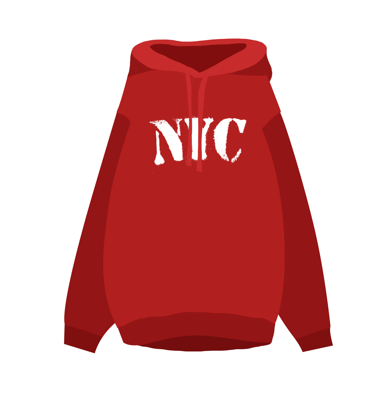 Ilustracja przedstawia czerwoną bluzę z napisem: NYC.