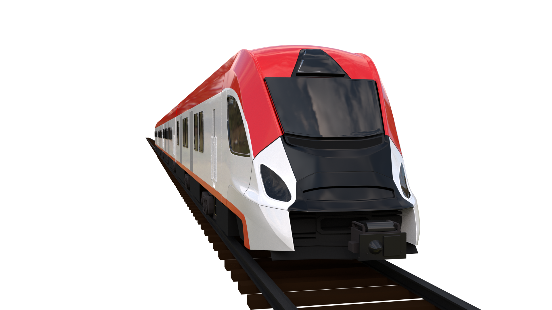 Ilustracja przedstawia stan fabryczny EN76. Grafika pokazuje przód pociągu, widoczne są elementy sprzęgu Scharfenberga, oraz inne elementy karoserii, oświetlenia, szybę czołową.