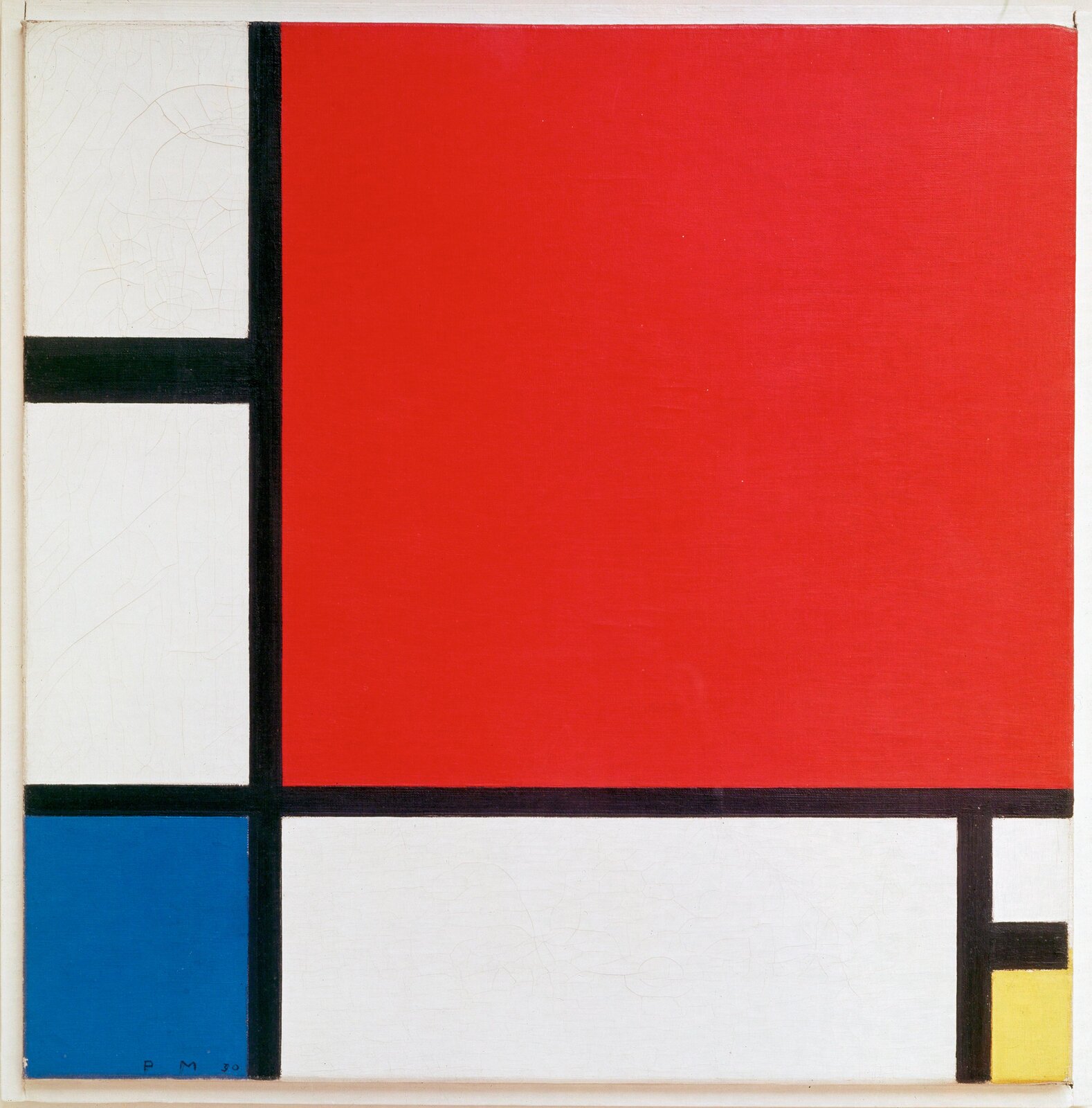 Ilustracja przedstawia obraz Pieta Mondriana „Kompozycja z czerwonym, niebieskim i żółtym”. Ukazuje abstrakcję, podzieloną czarnymi, pionowymi i poziomymi liniami, przecinającymi się pod kątem prostym i tworzącymi geometryczne pola o różnych powierzchniach. Najwięcej miejsca zajmuje usytuowany w górnym, prawym rogu czerwony kwadrat. W dolnym, lewym rogu znajduje się mniejszy, niebieski prostokąt zbliżony do kwadratu, a po przeciwnej stronie, w prawej, dolnej części - żółty. Pozostałe pola są białe,