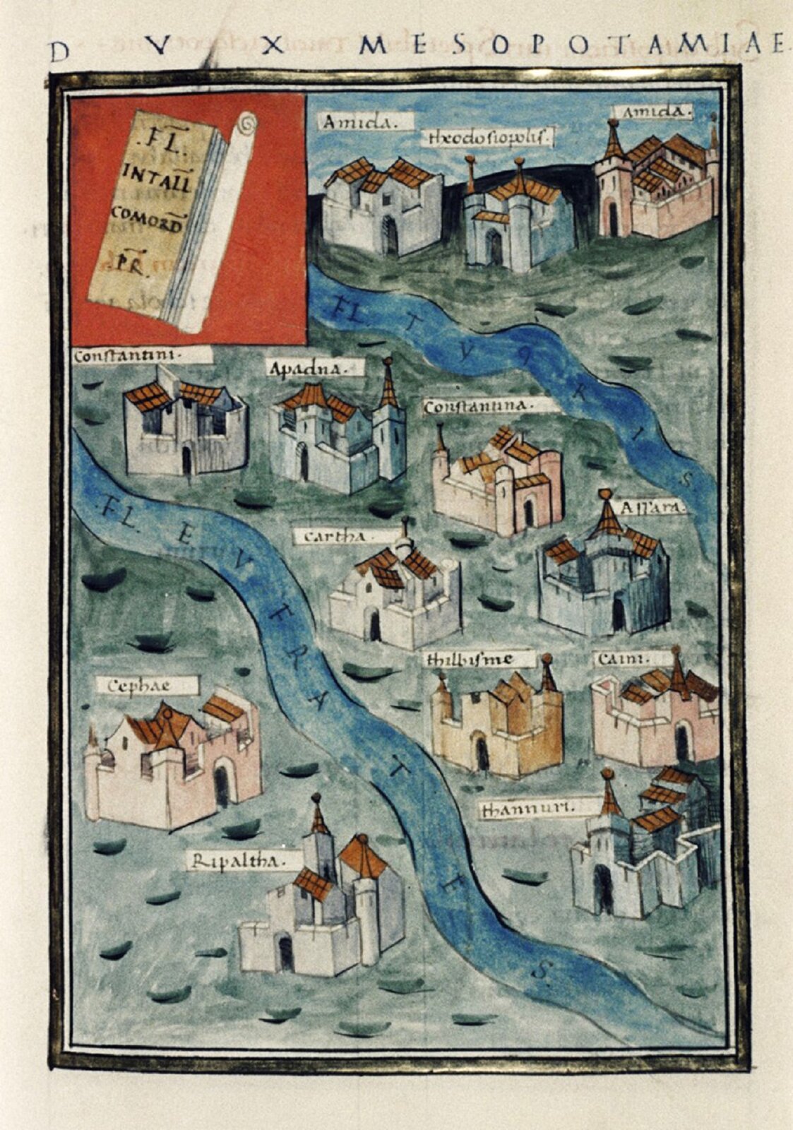 Ilustracja z rysunkiem ukazującym rzymskie forty w Mezopotamii. Przypomina on mapę, na której uchwycono dwie rzeki oraz trzynaście fortów, każdy z podpisem. Każdy fort ma inny kształt, mają różną ilość wież.