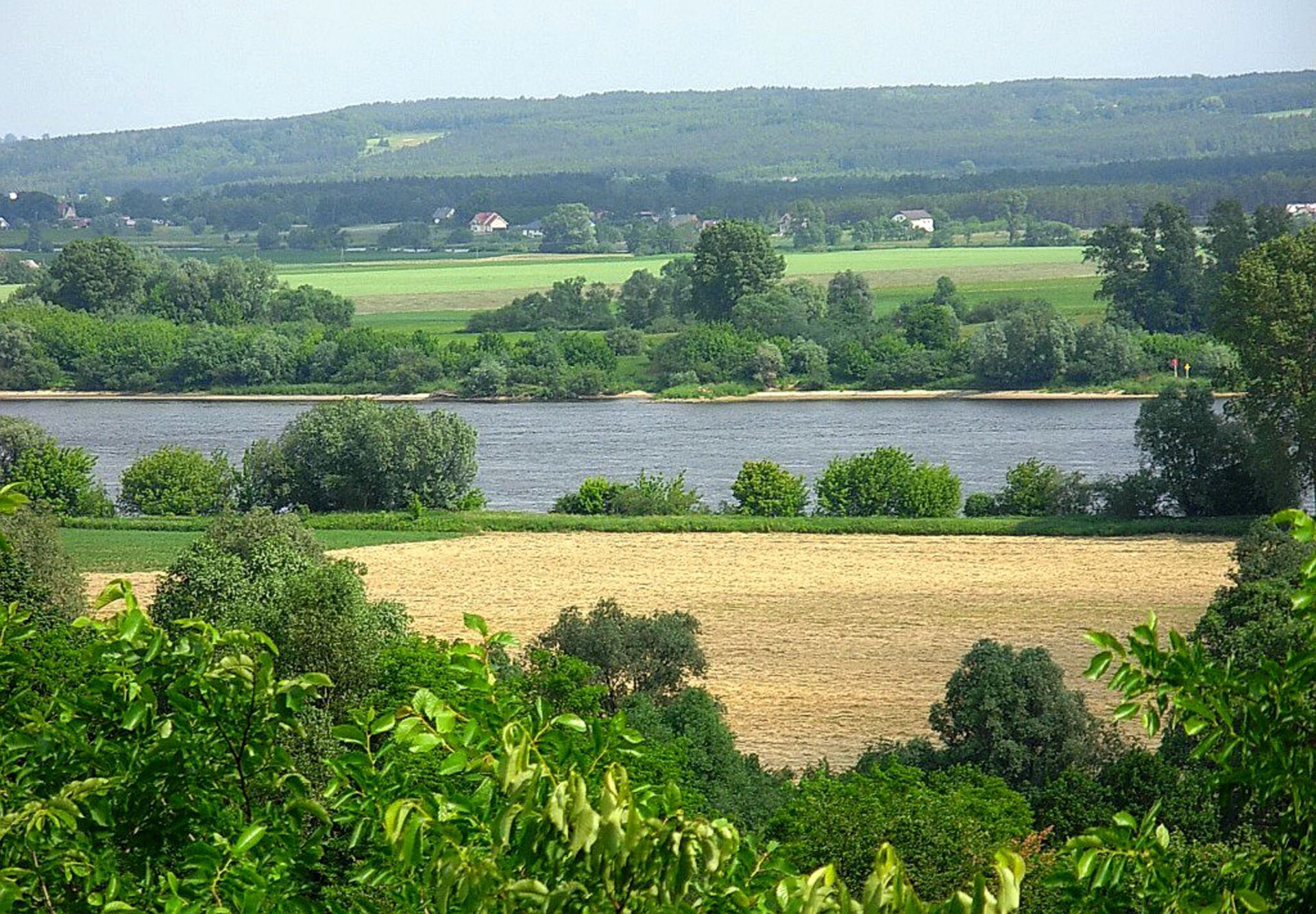 Na zdjęciu rzeka w szerokiej dolinie w płaskim terenie. W tle zalesione wzniesienia.