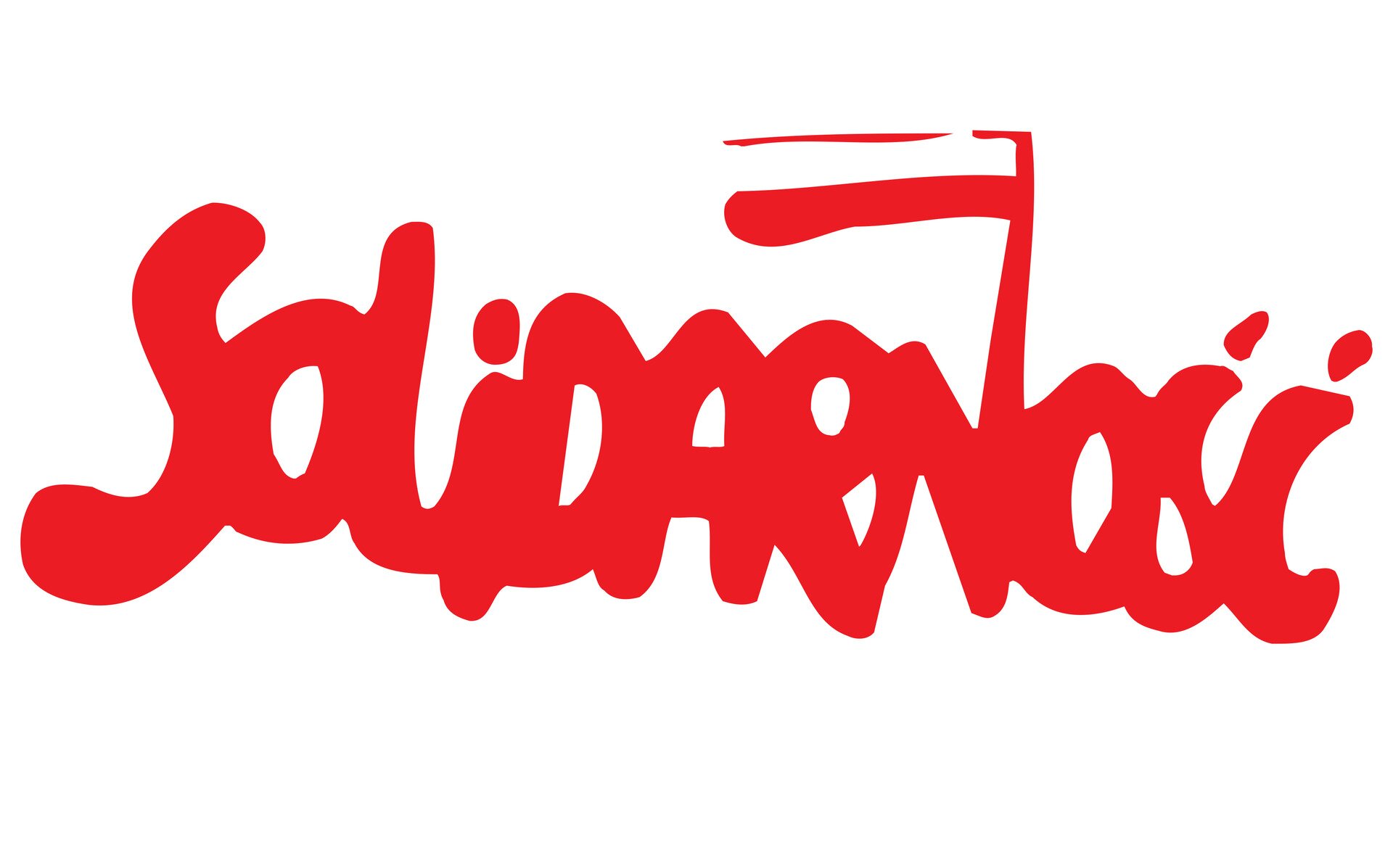Znak graficzny przedstawiający Logo Solidarności. Czerwony napis na białym tle " Solidarność".