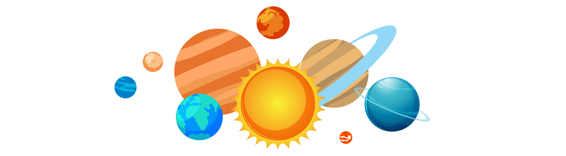 Ilustracja przedstawia Słońce i kilka planet dookoła niego. Słońce znajduje się na środku. Po lewej stronie widać Ziemię z niebieskimi wodami i zielonymi lądami. Za Ziemią znajduje się Jowisz, duża planeta w paski o różnych odcieniach pomarańczu. Na lewo od Jowisza jest beżowo‑pomarańczowa planeta średniej wielkości. Jest to Wenus. Całkiem po lewej stronie znajduje się Neptun, czyli niewielka planeta w kolorze niebieskim. Nad Słońcem jest Mars, czyli średniej wielkości planeta w kolorze ciemnopomarańczowym. Dalej na prawo widać dużą beżową planetę z szerokim błękitnym pierścieniem dookoła. Jest to Saturn. Poniżej Saturna jest najmniejsza planeta ze wszystkich, czyli Merkury. Ma kolor jasnopomarańczowy. Całkiem po prawej stronie znajduje się duża niebieska planeta z cienkim błękitnym pierścieniem dookoła. Jest to Uran.