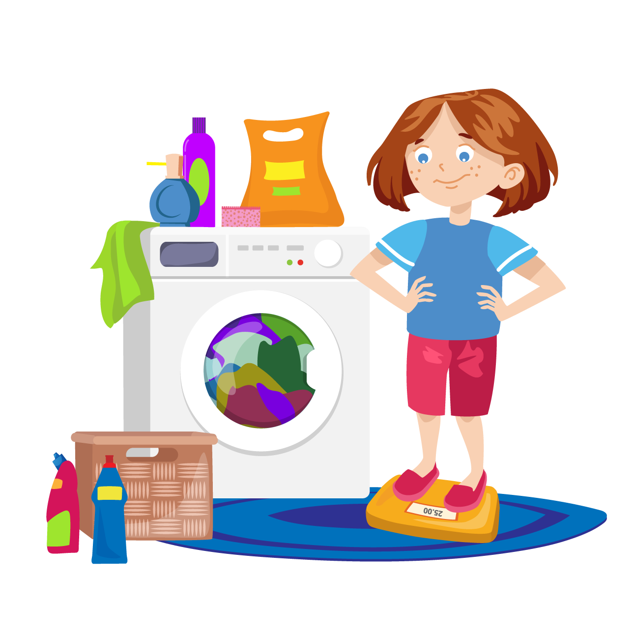 Ilustracja przedstawia fragment łazienki w domu Franka i Mai. W tle stoi biała pralka, w której znajdują się kolorowe ubrania. Na pralce są ustawione kolejno: granatowy pojemnik z mydłem w płynie, fioletowa butelka szamponu, różowe opakowanie patyczków higienicznych i pomarańczowe opakowanie proszku do prania. Z lewej strony zwisa z pralki jasnozielona ścierka. Przed pralką leży okrągły granatowy dywan. Po jego lewej stronie stoją brązowy pojemnik na pranie, ciemnoróżowa butelka płynu do czyszczenia toalety oraz ciemnoniebieska butelka płynu do mycia naczyń. Po prawej stronie jest ustawiona pomarańczowa waga, na której stoi uśmiechnięta Maja. Dziewczynka spogląda na liczby pokazujące się na wadze.