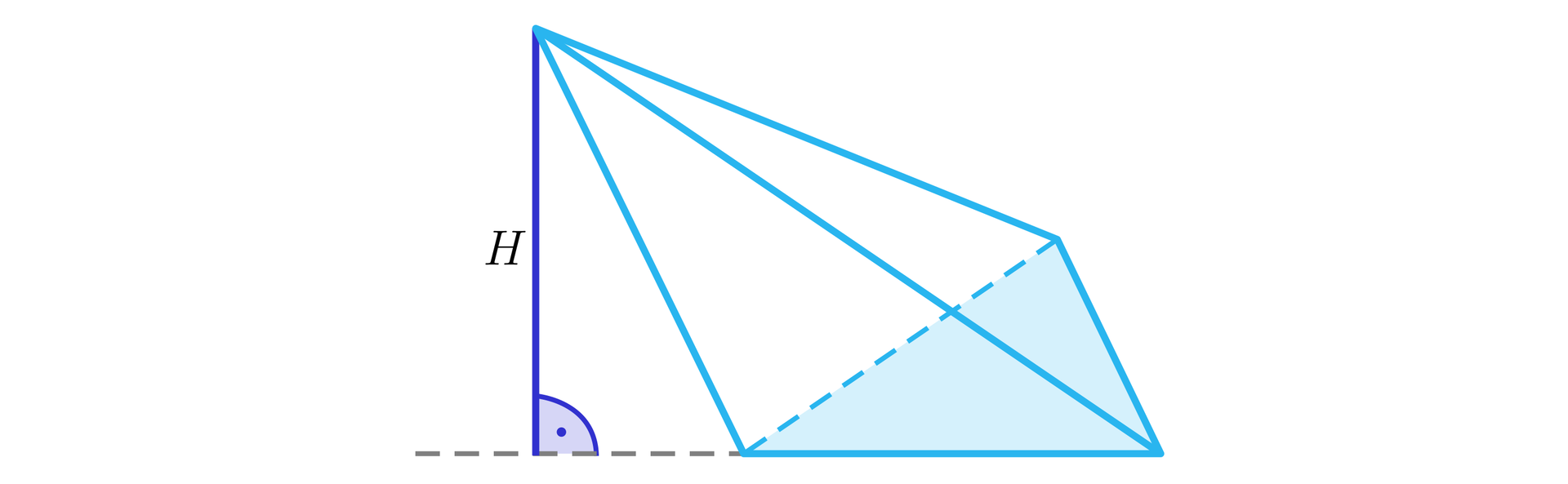 Na ilustracji przedstawiono ostrosłup o podstawie trójkąta. Z wierzchołka ostrosłupa opuszczono wysokość oznaczoną wielką literą H, której spodek leży poza płaszczyzną podstawy tego ostrosłupa.