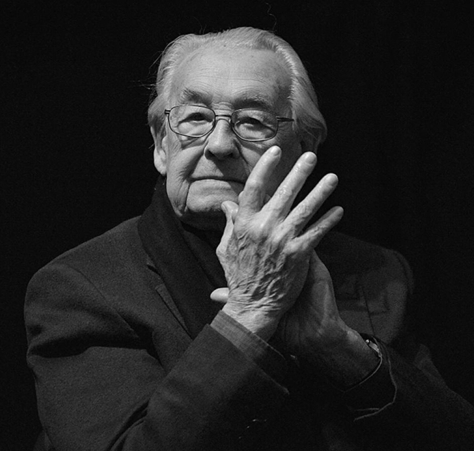 Fotografia przedstawia postać Andrzeja Wajdy, który został sfotografowany jako mężczyzna w podeszłym wieku, o średniej długości siwych włosach zaczesanych do tyłu. Na jego nosie widać okulary, mężczyzna nieznacznie się uśmiecha. Jego dłonie uniesione są do wysokości brody oraz złożone, jak gdyby bił brawo. Wajda ubrany jest w ciemną marynarkę oraz ciemny szalik. 