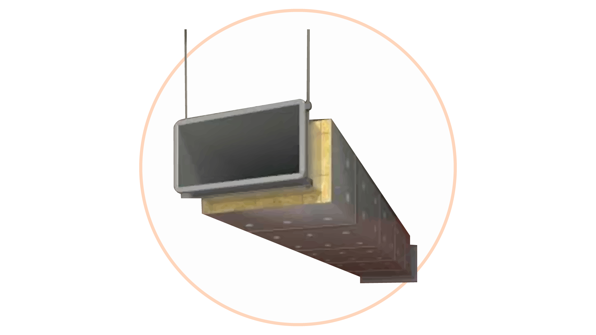 Grafika przedstawia poprawnie wykonaną izolację ogniochronną kanału oddymiającego. Prostopadłościenny kanał obłożony jest szczelnie wełną mineralną, zewnętrzną warstwą folii oraz przytrzymującymi konstrukcję metalowymi listwami.