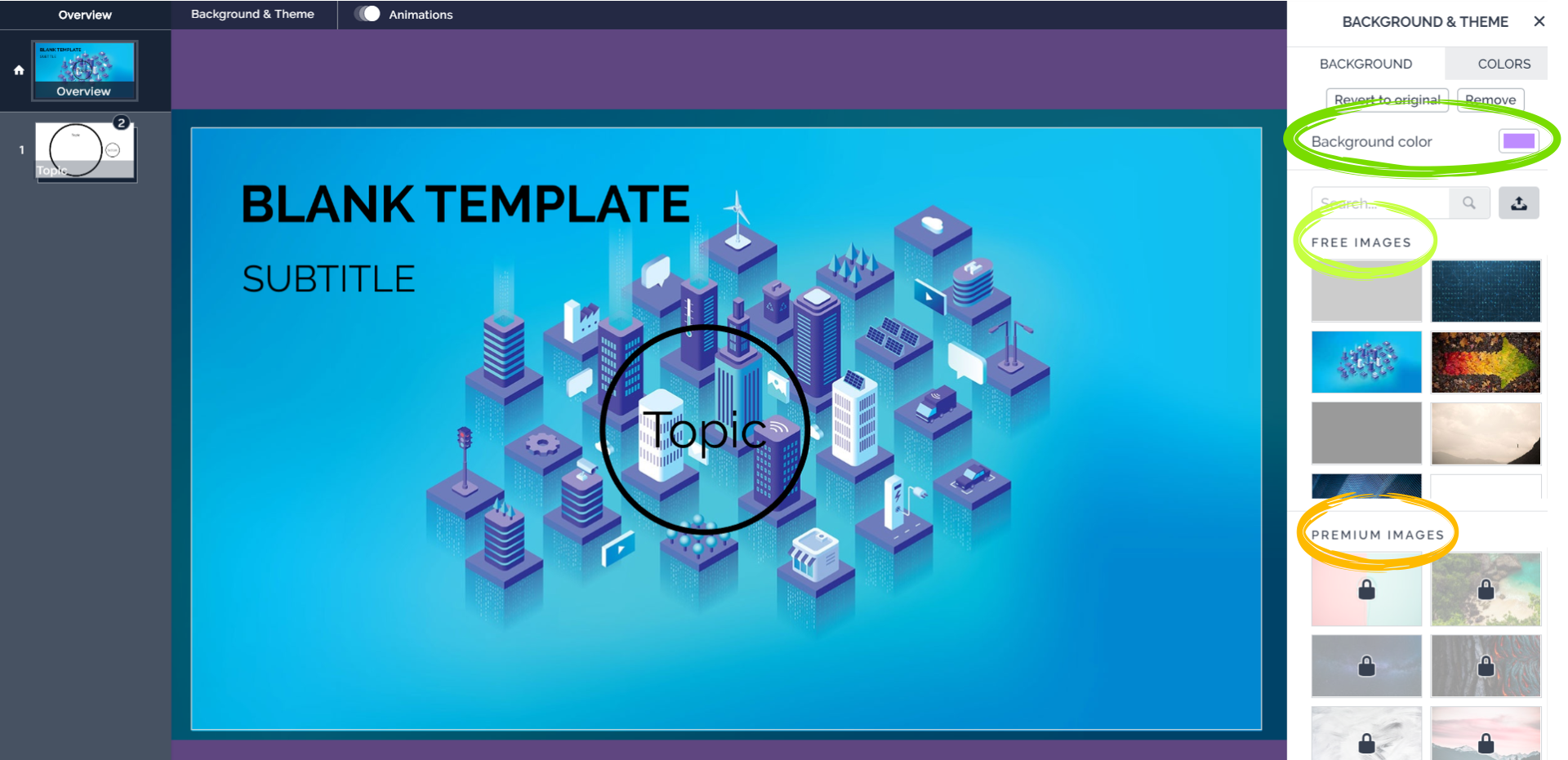 Zrzut z ekranu przedstawia edytor online prezi.com. Po prawej stronie znajduje się menu umożliwiające zmianę tła i wybór szablonu - Background &amp; Theme. Zaznaczone są trzy opcje. Od góry opcja zmiany tła w prezentacji Background color wraz z rozsuwaną paletą barw. Niżej opcja Free images z bezpłatnymi tłami szablonów do wykorzystania. Najniżej opcja Premium images z płatnymi tłami szablonów do wykorzystania, są one oznaczone kłódkami. 