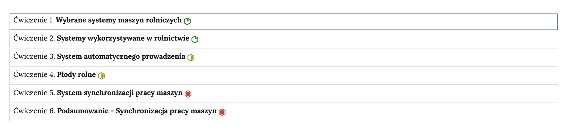 Grafika przedstawia przykładowy widok ogólny harmonii z sześcioma interaktywnymi materiałami sprawdzającymi. Jest to kolumna z sześcioma wierszami. Wewnątrz każdego z nich został umieszczony numer ćwiczenia wraz z nazwą działu, którego dotyczy. Z boku dodatkowo znajduje się ikonka w kształcie sześciokąta oznaczająca poziom trudności. Zielona oznacza łatwy, żółta średni, a czerwona trudny. Po kliknięciu danego wiersza ukazuje się wybrane ćwiczenie.