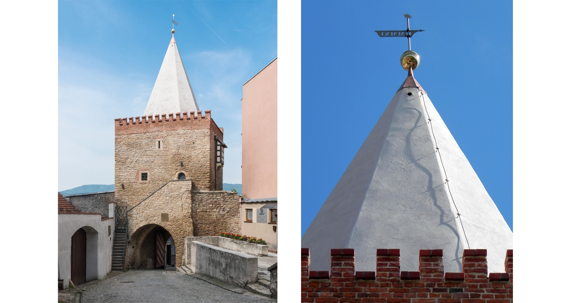 Na ilustracji znajdują się dwa zdjęcia, na pierwszym z nich jest zabytkowy budynek wykonany z cegły o białym dachu. Na drugim zdjęciu znajduje się zbliżenie na dach, który ma kształt ostrosłupa i jest zwieńczony złotą ozdobą. 